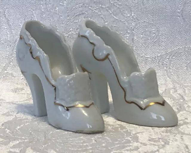 2 Vintage Miniature Japan Bone China White Porcelain High Heel Shoes 2” NAT SUP