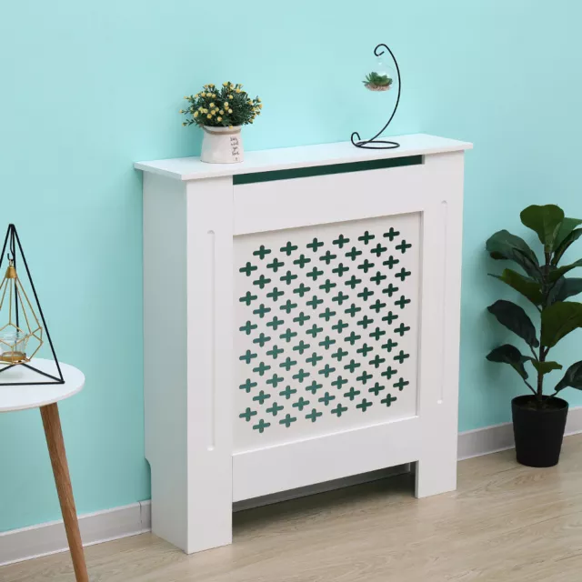 Kensington Radiator Cover Small White (78x19x82cm) Cross Pattern Wood Cabinet