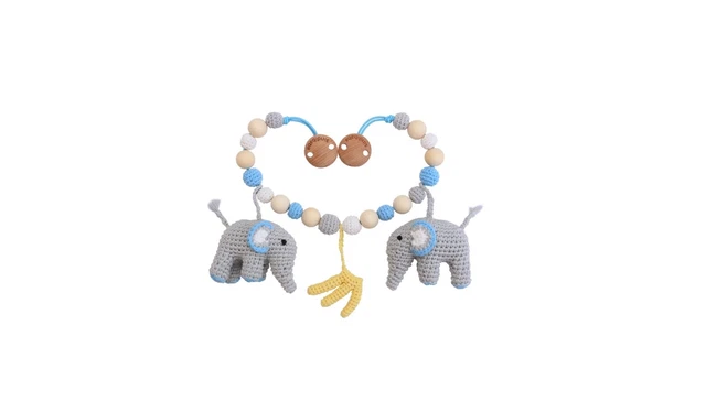 Sindibaba Chaîne de Poussette au Crochet Éléphant Bleu/Gris avec Hochet