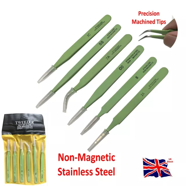 6pc Epoxy Coated Stainless Steel Tweezer Non Magnetic Electronic Industry