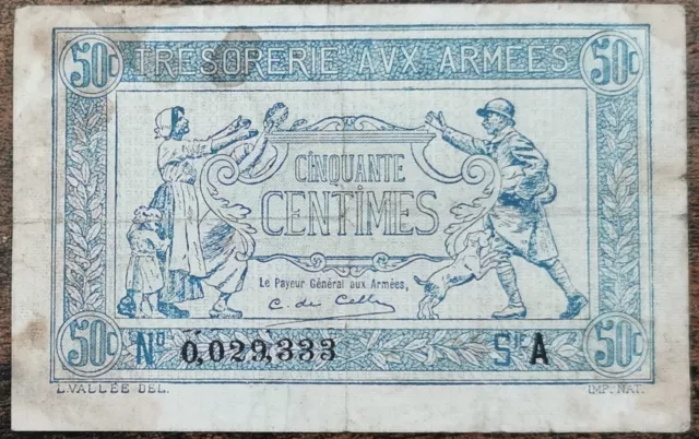 Billet de 50 centimes franc TRÉSORERIE AUX ARMÉES 1917 FRANCE série A 0029333