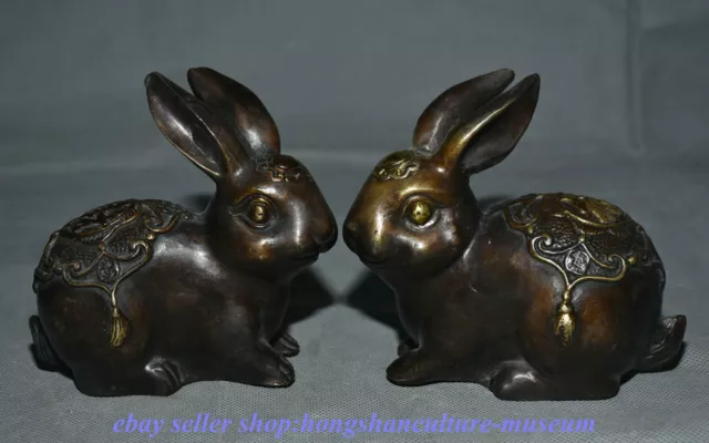 4.8 " China Bronze Gilt Fengshui 12 Zodiac Year Animal Rabbit Wealth Statue Pair