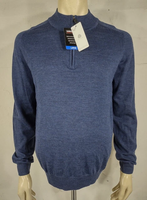 NWT Kirkland Signature blue 100% Merino Wool 1/4 zip pullover sweater mens Large
