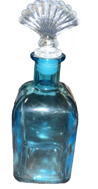 Vtg Aqua Blue Bottle w/ Clear Deco Style Fan Stopper