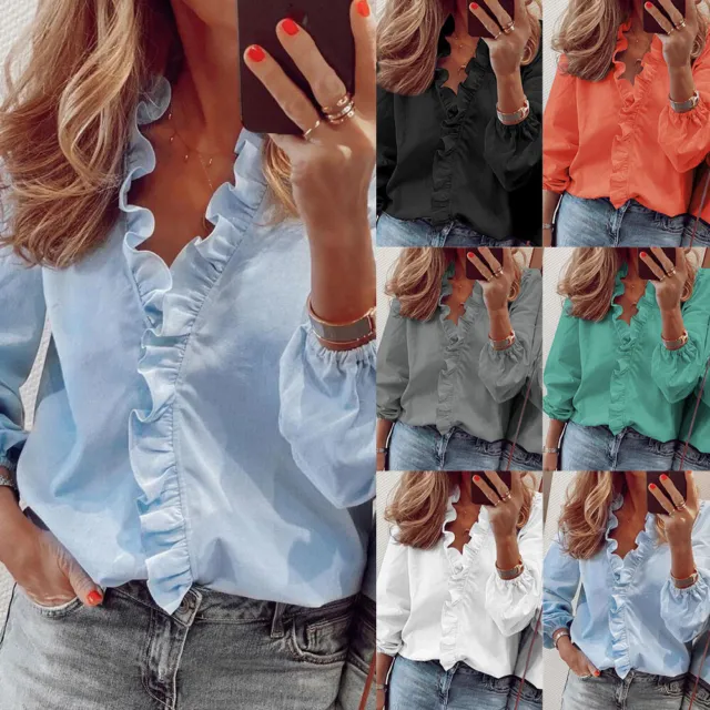 Women Ruffle V Neck Shirt Ladies Work Casual Tops Long Sleeve Blouse Size 6-20