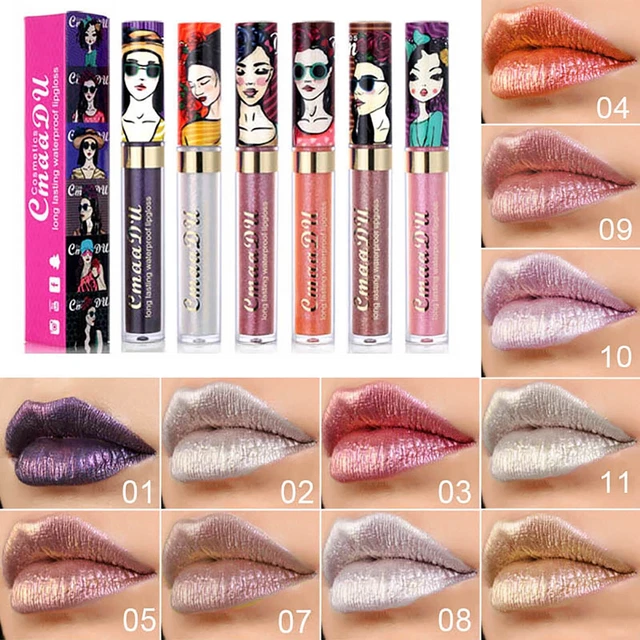 ❤ Brillo labial metálico con brillo: juegos de lápices labiales líquidos brillantes de 11 colores impermeables