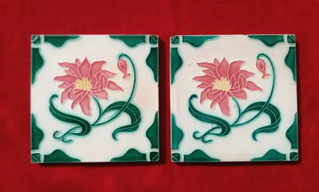 2 Piece Art Deco Flower Design Embossed Majolica Used Ceramic Tiles Japan 0311 3