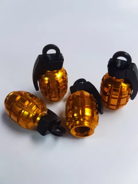 Gold Grenade Car Bike Motorcycle BMX Wheel Tyre Valve Metal Dust Caps Set of 4