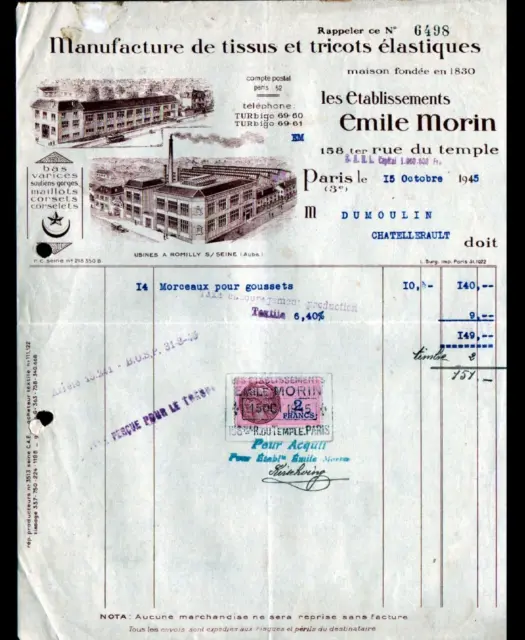 PARIS (III°) USINE de ROMILLY-sur-SEINE / SOUS-VETEMENTS "Emile MORIN" en 1945