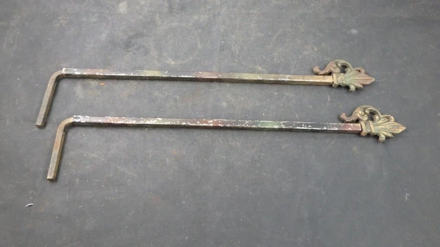 TWO  Antique Curtain Rods Vintage Cast Metal Extending Swing Arm Leaves