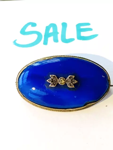 Vintage Art Deco brooch Royal Blue satin glass rhinestones old jewellery