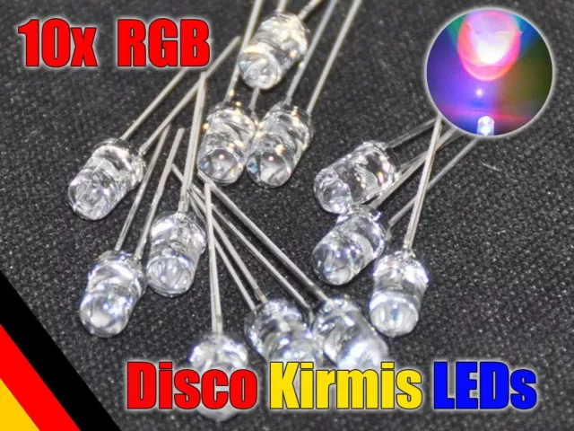 10 Stück LED 3mm RGB langsamer Lichtwechsel + Blinken Rainbow Disco Kirmes Party