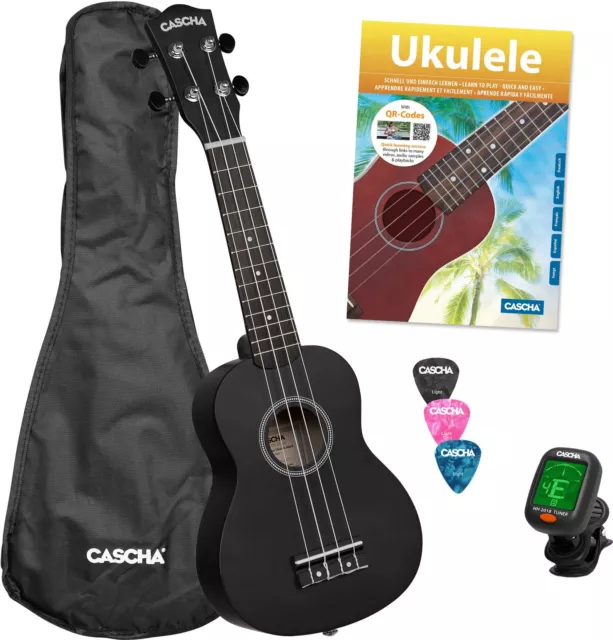 Geniales Sopran Ukulele Set in Schwarz  mit Tasche, Stimmgerät, 3 Picks & Noten