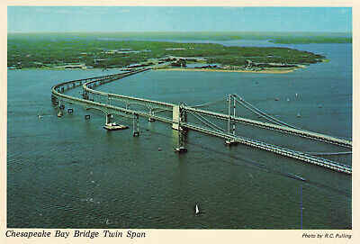 AERIAL OF CHESAPEAKE BAY BRIDGE TWIN SPAN POSTCARD MD MARYLAND 1970s