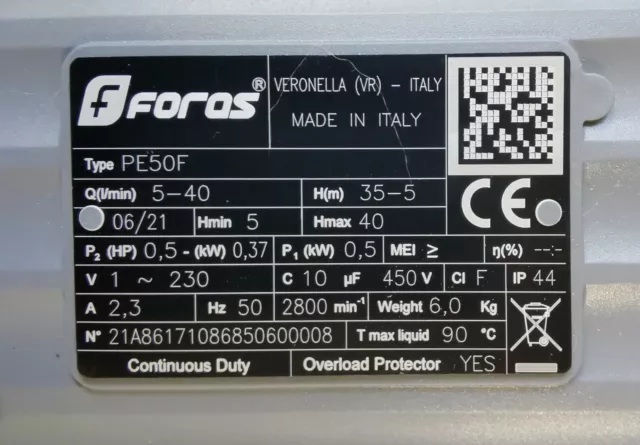 Peripheralpumpe FORAS Pentax PE50F, 230V, 0,37 kW, 40 m, 40 L/min, made in Italy 2