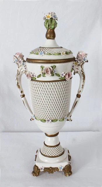 Vintage Capodimonte Flower Urn / Vase With Lid