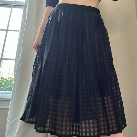 Elle Vintage Style Semi-Sheer Checkered Pleated Midi Skirt Women's US 02 EUC