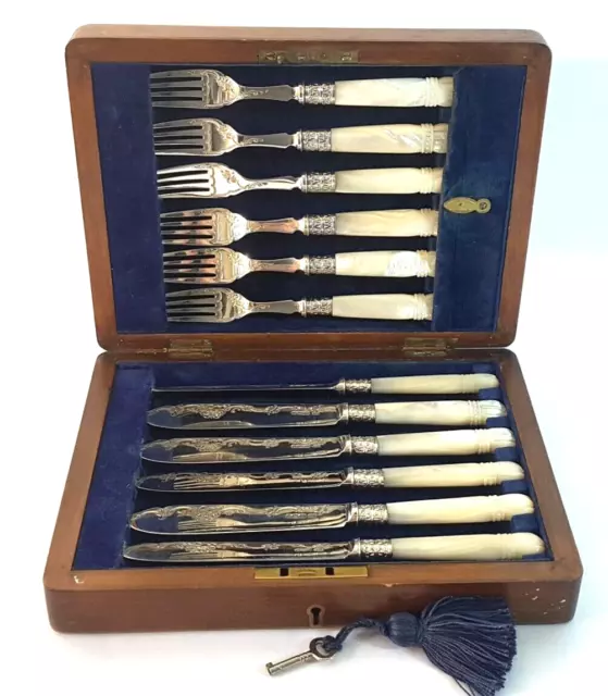 Cased Set 6 Top Quality 1904 Sterling Silver Fish Knives & Forks w MOP Handles