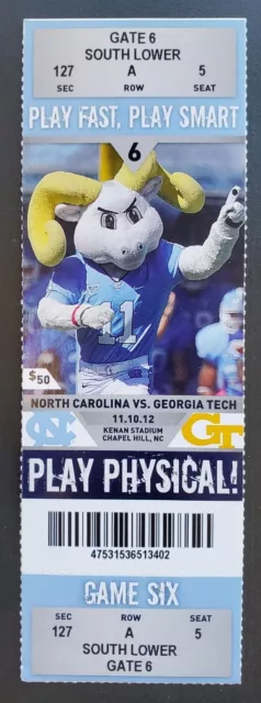 North Carolina Georgia Tech Football Ticket 11/10 2012 ACC Record 118 Point Stub