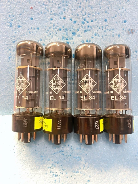 Telefunken EL34/6CA7 Brown Base OO Getter, Wing Plate, tested NOS Matched Quad Telefunken EL34/6CA7 Brown Base OO Getter, Wing Plate, tested NOS Matched Quad