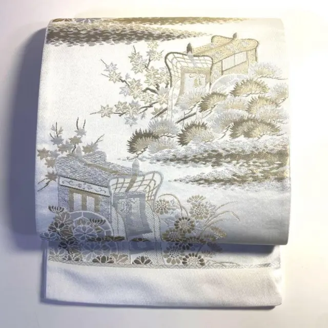 Japanese Kimono Fukuro Obi Karaori Imperial Carriage White Silver Gold