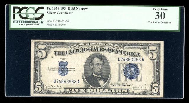 DBR 1934-D $5 Silver Fr. 1654N Narrow UA Block PCGS 30 Serial U74663963A