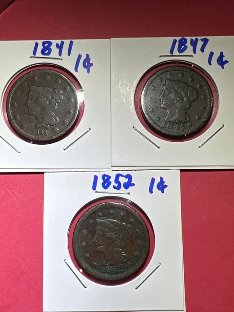 Lot Of 3 U.S. Large Cents 1841 1847 1852