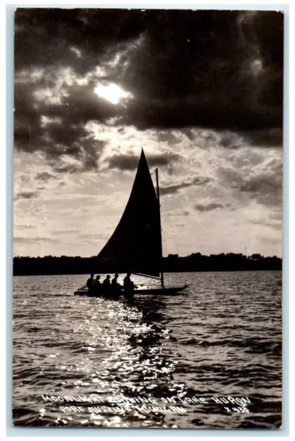 1932 Moonlight Sailing On Lake Huron Port Austin MI RPPC Photo Posted Postcard