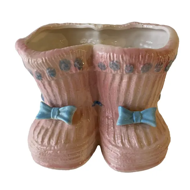 Vintage Baby Bootie Planter Pink Vase Nursery Ceramic Mid Century Decor Boot