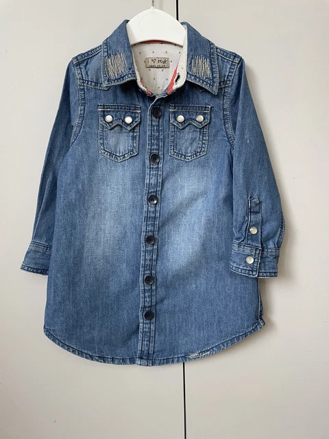 Abito da ragazza Next età 2-3 anni denim blu morbido colletto Chambray abbottonato