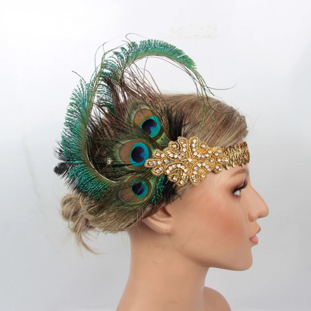 1920s Flapper Accessories Gatsby Costume Peacock Headband Pearl Necklace Gloves