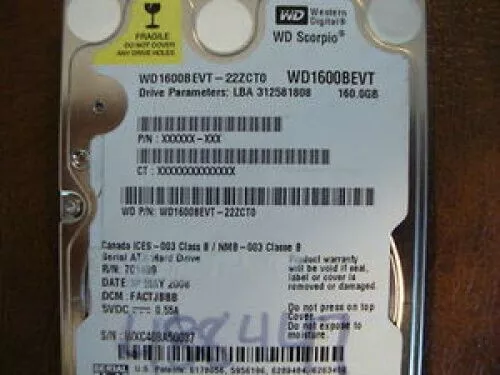 Pour Pièces Seulement WD WD1600BEVT-22ZCT0 Dcm : Factjbbb 160gb 2.5 " SATA Dur