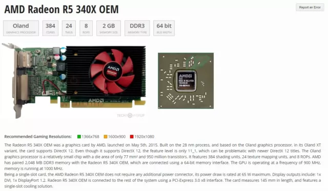 AMD RADEON R5  1GB PCIe 3.0 DDR3 DVI Display Graphics Card Good