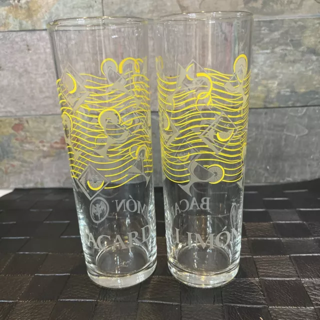 Set of  2 Vintage Bacardi Limon Drinking Glasses 7" Yellow Lemon Designs Libbey