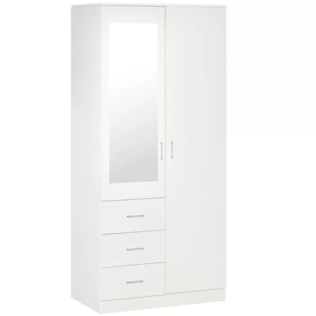 2-Door Wardrobe w/ Adjustable Shelf 3 Drawers Mirror Home Storage, 180cm, White