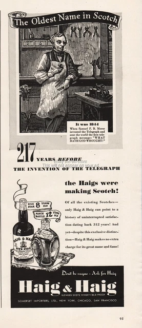 1939 Haig & Haig Scotch Whiskey 1844 Samuel Morse First Telegraph Message Ad