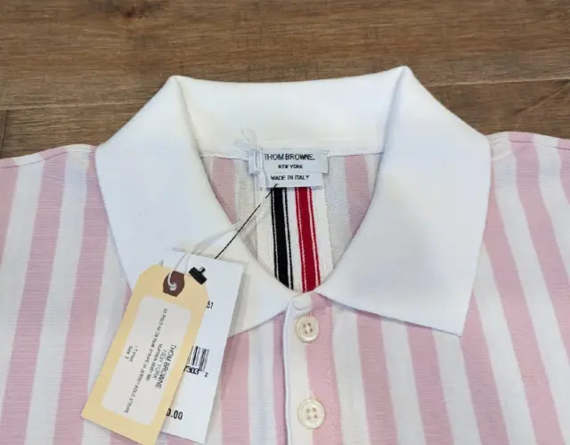 $590 Mens THOM BROWNE Striped Polo Shirt Light Pink 2 US Medium 2