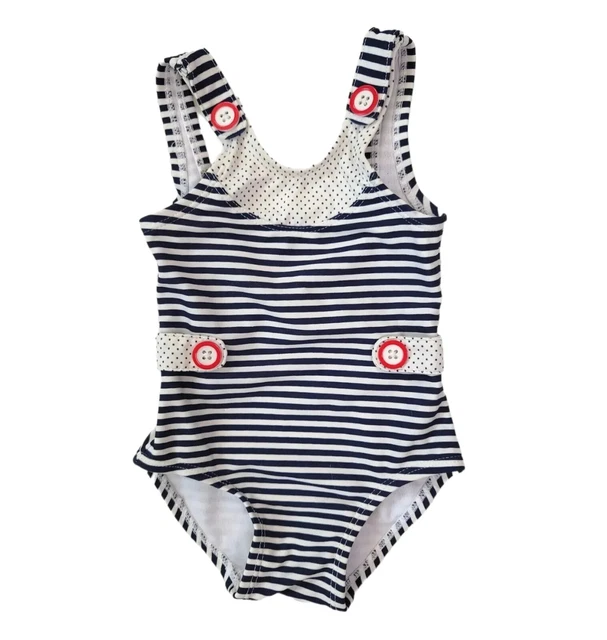 Janie and Jack Swimsuit Girls 3-6 Months Striped One Piece Nautical Buttons Blue