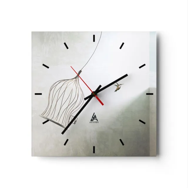 Horloge murale en verre 30x30cm Silencieuse Vol Oiseau Cage Wall Clock