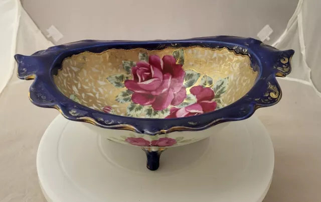 Morimura Nippon/ Noritake? Vtg Footed Bowl w/ Large Pink Roses Cobalt Gold Gilt