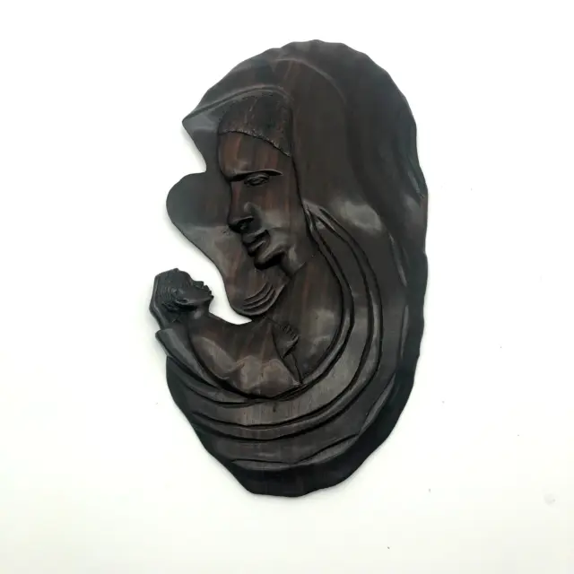 Vintage Mother Child Face Wood Carving Wall Hanging Hand Carved Dark Wood Art