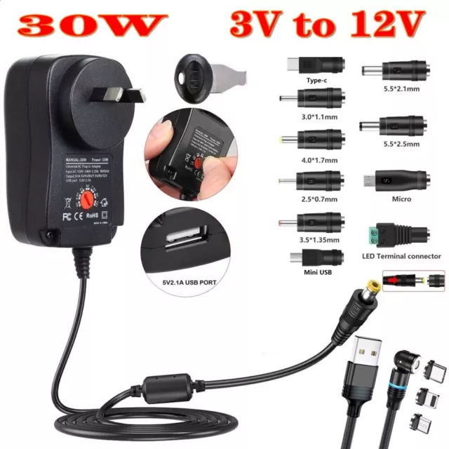 Universal AC/DC 30W 3V-12V Power Supply Adapter Adjustable Plug-in Wall Charger