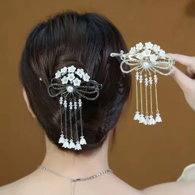 Women Hollow Out Bowknot Hair Clip Crystal Flower Tassel Claw Elegance Barrette