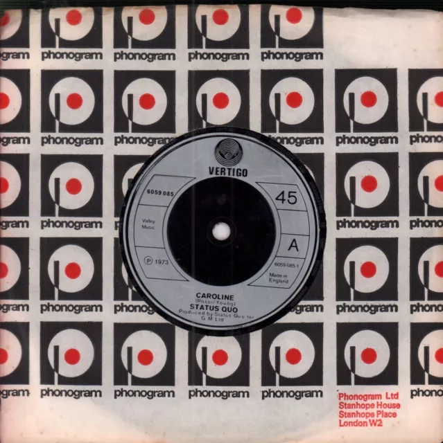 Status Quo Caroline 7" vinyl UK Vertigo 1973 company sleeve 6059085