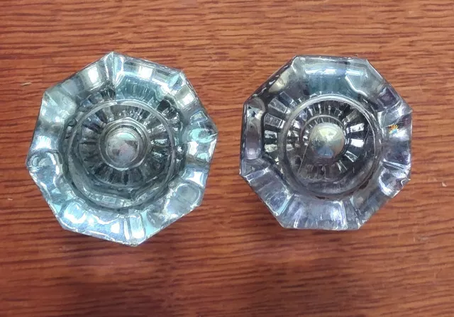 Two Antique 8-Sided Silver-Foil Glass & Brass 1920's Doorknobs Door Knobs   #15