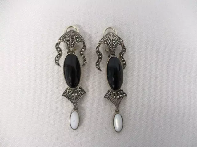 Judith Jack Sterling Silver Marcasite Black Onyx Clip On Dangle Earrings 2 1/4"