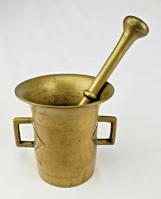 Antique Heavy Solid Cast Brass Pestle & Mortar Drug Store Pharmacy Druggist Rx