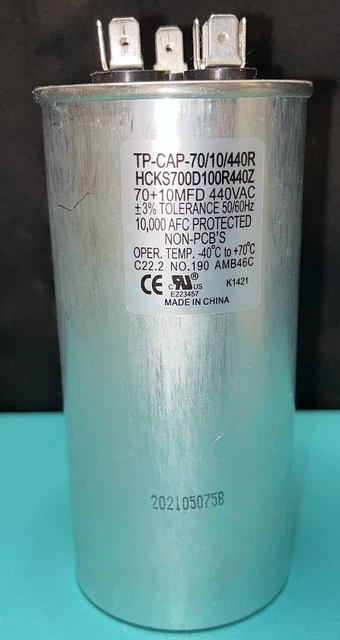 Capacitor, Dual Run, 70/10, Mfd 370/440 Volt, Round Hvac Motor Compressor, 70+10