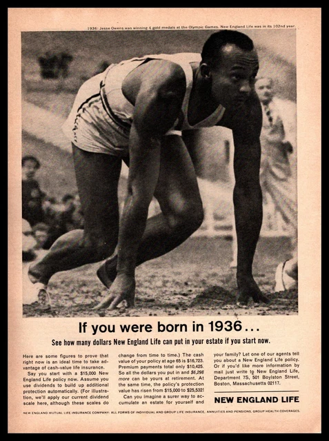 1964 Jessie Owens 1936 Olympics Gold Medal New England Life Insurance Print Ad