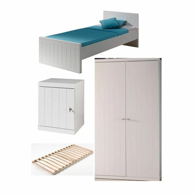 Paris Prix - Pack - Lit Enfant, Sommier, Chevet & Armoire "robin" 90x200cm Blanc